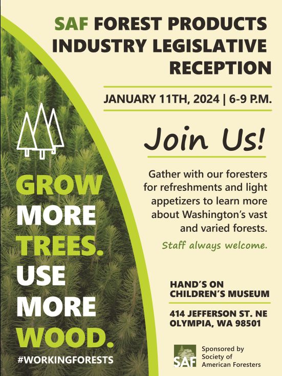 WashingtonSSAF's tweet photo. Please join us for the SAF Forest Products Industry Legislative Reception at the Hands on Children's Museum on January 11, 2024 from 6-9 pm. https://t.co/yKNkhG6IXy