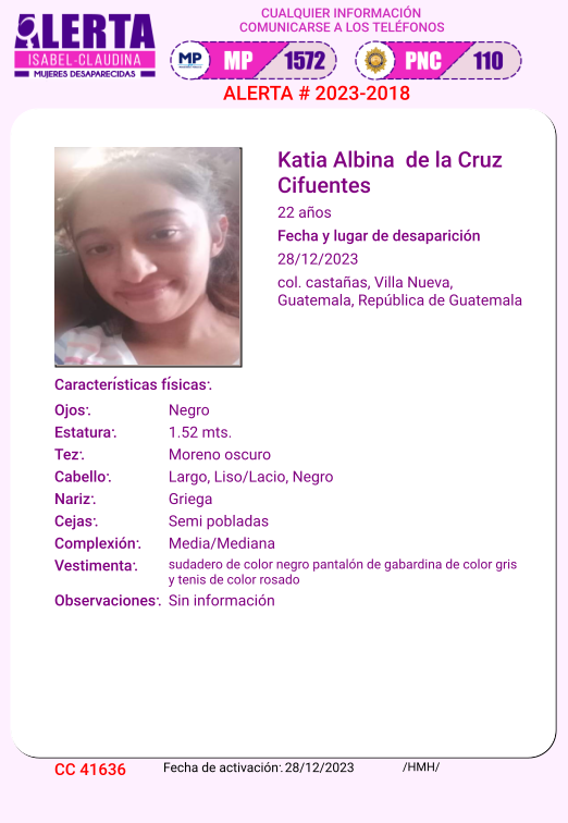 #AlertaIsabelClaudina
Ayúdenos a encontrar a
Katia Albina de la Cruz Cifuentes
Desapareció el 28 de Diciembre de 2023
Cualquier información comunicarse al teléfono  1572
Gracias por difundir esta información