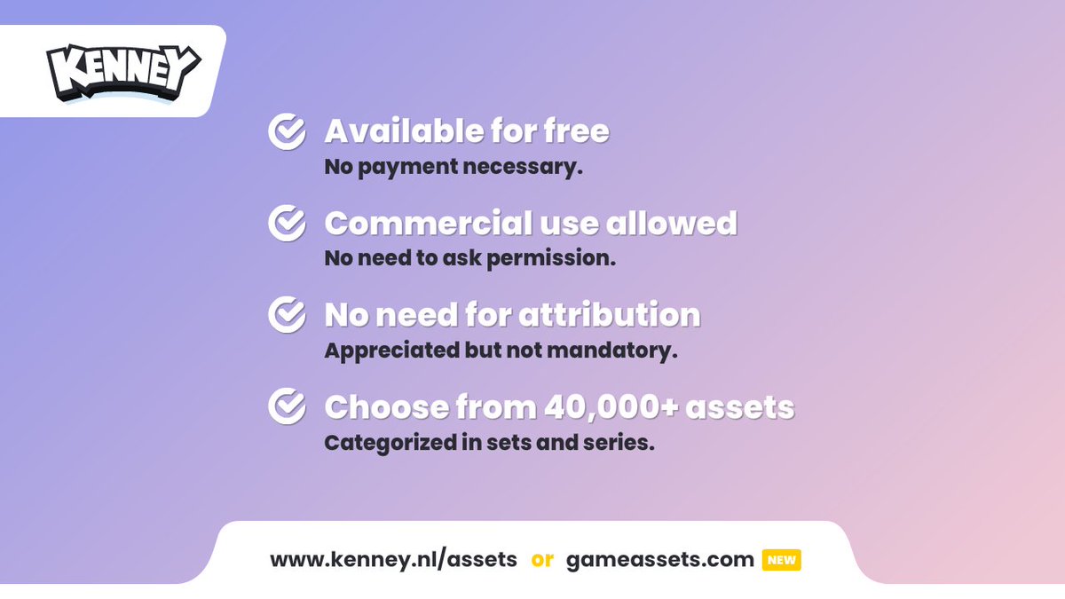 KenneyNL's tweet image. I spent a decade of my life creating game assets, the result is a lot of game assets. They&apos;re free, no ads, no tracking, no registration, no subscription, no permission needed, no need for attribution and suited for any use including commercial.

gameassets.com