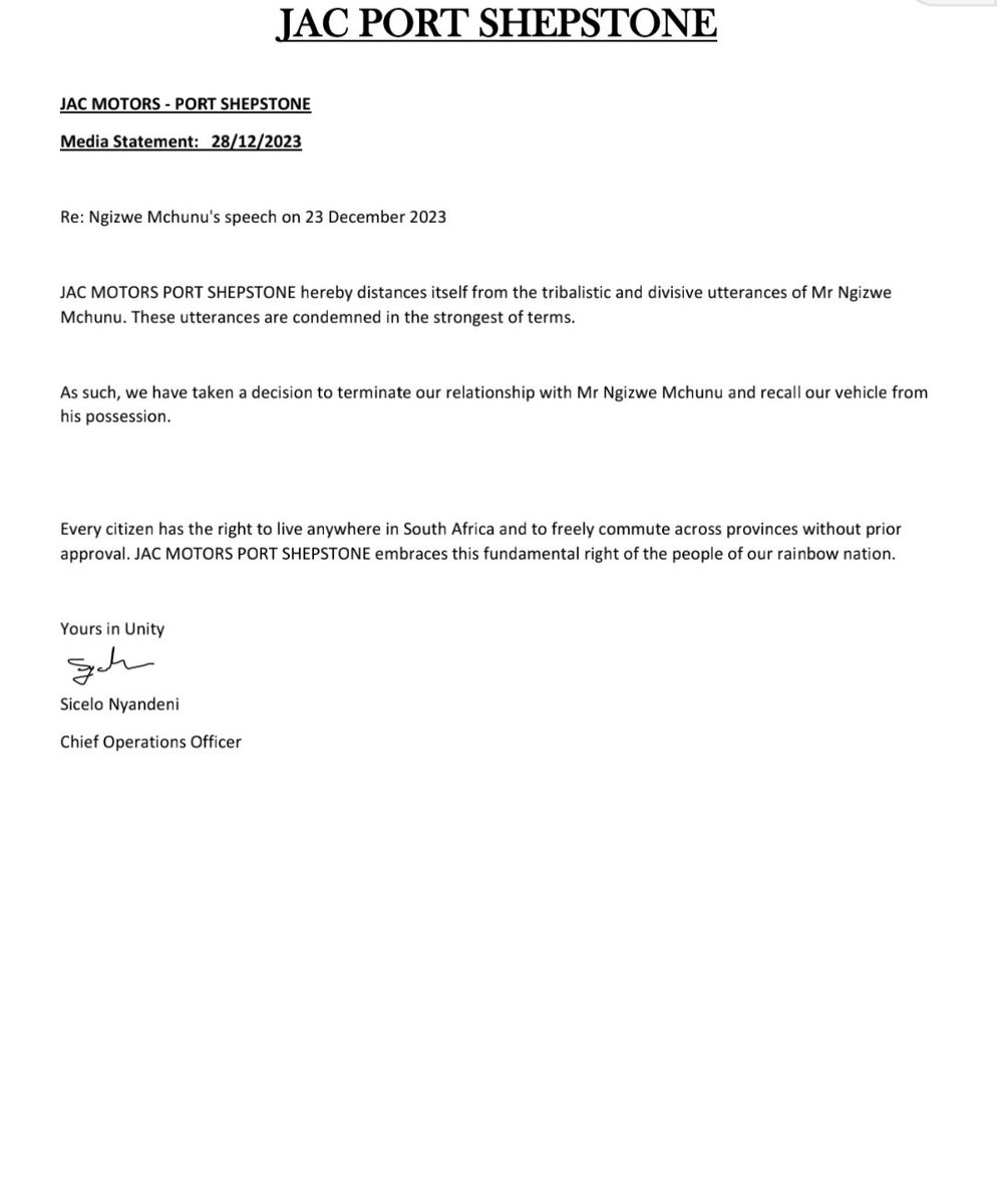 EFFKZN's tweet photo. We can confirm that  JAC Motors has terminated its relationship with Mr Ngizwe Mchunu.  He has been given until tomorrow to return the vehicle to the dealership .

We are intolerant of tribalism the same way we are intolerant of racism. https://t.co/POD8KOcs8P