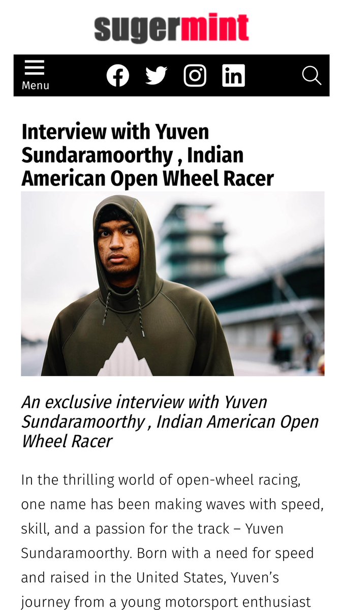 Thanks to <a href="/sugermintindia/">Sugermint 🇮🇳</a> for the interview 🙏 Hope my journey can inspire more #IndianAmerican racers to join the #roadtoindy. 

sugermint.com/yuven-sundaram…