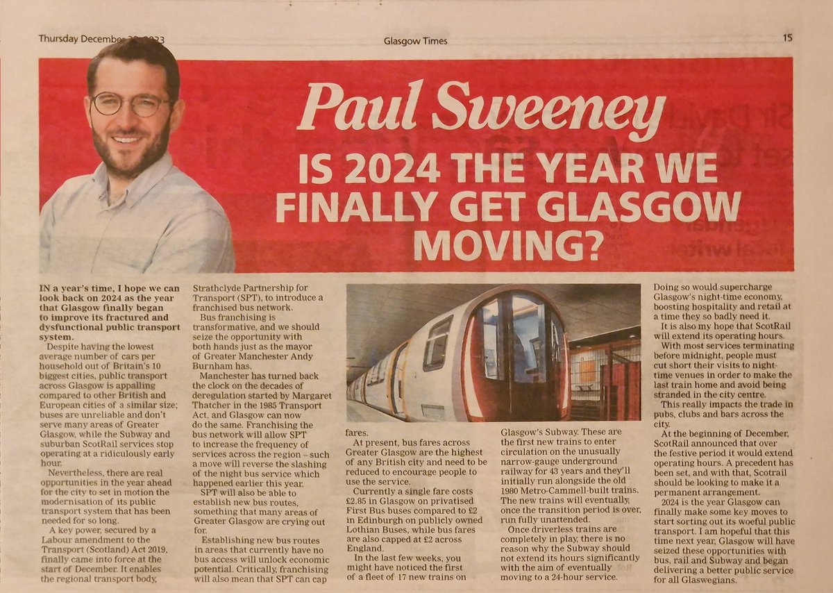 PaulJSweeney's tweet photo. My final @Glasgow_Times column of this year asks: is 2024 the year we finally get Glasgow moving? https://t.co/FYO3r9DFOL