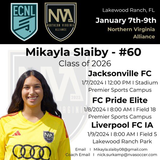 mikayla slaiby (@mikaylaslaiby08) on Twitter photo Very excited for my first showcase of the season and for my team to be playing in ECNL Florida.
Here is my schedule:
<a href="/ECNLgirls/">ECNL Girls</a> <a href="/PrepSoccer/">Prep Soccer ⚽️</a> <a href="/TopDrawerSoccer/">TopDrawerSoccer</a> Very excited for my first showcase of the season and for my team to be playing in ECNL Florida.
Here is my schedule:
<a href="/ECNLgirls/">ECNL Girls</a> <a href="/PrepSoccer/">Prep Soccer ⚽️</a> <a href="/TopDrawerSoccer/">TopDrawerSoccer</a>