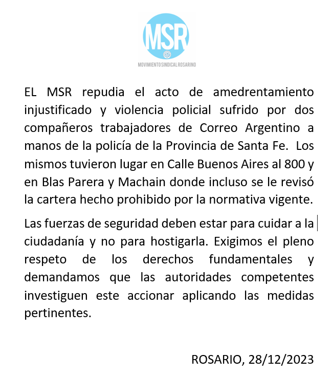 MovSindicalRos's tweet photo. Repudio al accionar policial. Exigimos la investigación de estos hechos. 

@PabloCocoX https://t.co/nYQiuuL7E2