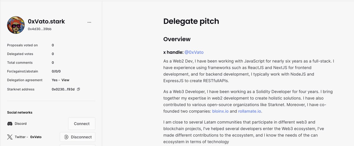 Lo mio no es transaccional y les consta!! 😎😏
Feliz de poder empezar a contribuir de otras formas #buidlersTumbados #starknetDekegate #latamDevs
governance.starknet.io/delegates/prof…