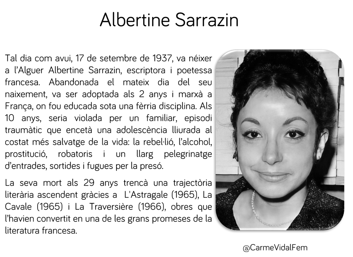 CarmeVidalFem's tweet photo. #taldiacomavui, 17 de setembre de 1937, va néixer Albertine Sarrazin, escriptora i poetessa francesa. La seva mort als 29 anys trencà una gran trajectòria literària gràcies a L'Astragale, La Cavale i La Traversière. #DonesEscriptores https://t.co/zLNmGv9wnr