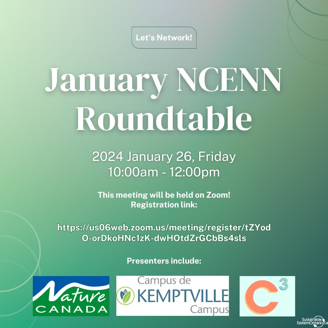 Kick off the new year by participating in one of our environmental NGO roundtable networking sessions! 

Current speakers include: <a href="/NatureCanada/">Nature Canada</a>, Kemptville Campus, and Create Change Collective.

Register here! us06web.zoom.us/meeting/regist…

#Ottawa #nonprofit #networking #sustainable