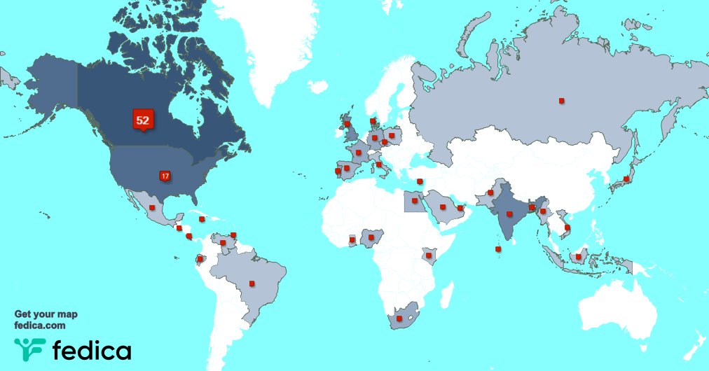 According to fedica.com/!fujahtive, you come from 36 countries
1. Canada (54%) 🇨🇦
2. USA (18%) 🇺🇸
3. Jamaica (6%) 🇯🇲

Can you see your country?