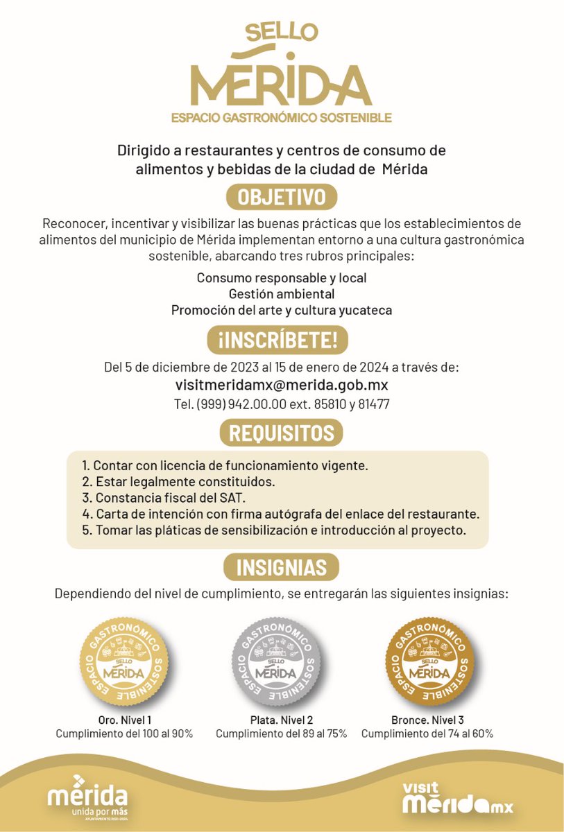 🍴Inscríbete a Sello Mérida: Reconocimiento Gastronómico Sostenible! 🍴

Si lideras un restaurante, destácate por tus prácticas alineadas con los ODS 2030 y obtén este reconocimiento.

🗓️ Inscripciones hasta el 15 de enero
📩 Envía tu solicitud a visitmeridamx@merida.gob.mx