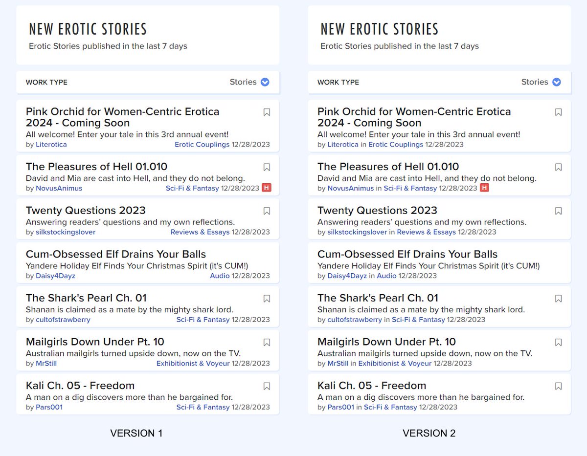 literotica's tweet photo. We recently updated the Literotica New Stories Page to make it mobile friendly. Some readers on wide screen browsers suggested improvements to the desktop Story Card behavior. Today, we're testing those changes. Please have a look and share your feedback!
https://t.co/dFS4VztX8Q https://t.co/pBXIDOlyM7