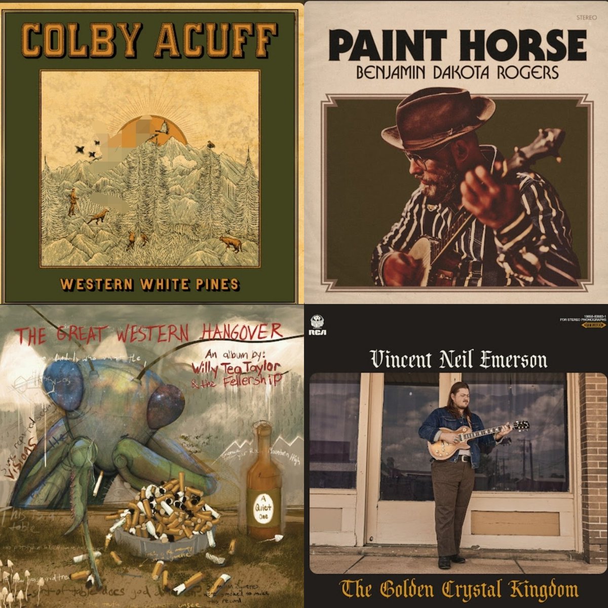 OlHossVike's tweet photo. Busting out the good stuff &amp;  into the Top 10 of my #Top23of2023 album countdown
8) #ColbyAcuff "Western White Pines"
9) #BenjaminDakotaRogers "Paint Horse"
10) #WillyTeaTaylor &amp; The Fellership "The Great Western Hangover"
11) #VincentNeilEmerson "The Golden Crystal Kingdom" https://t.co/QNfB8TuSzO