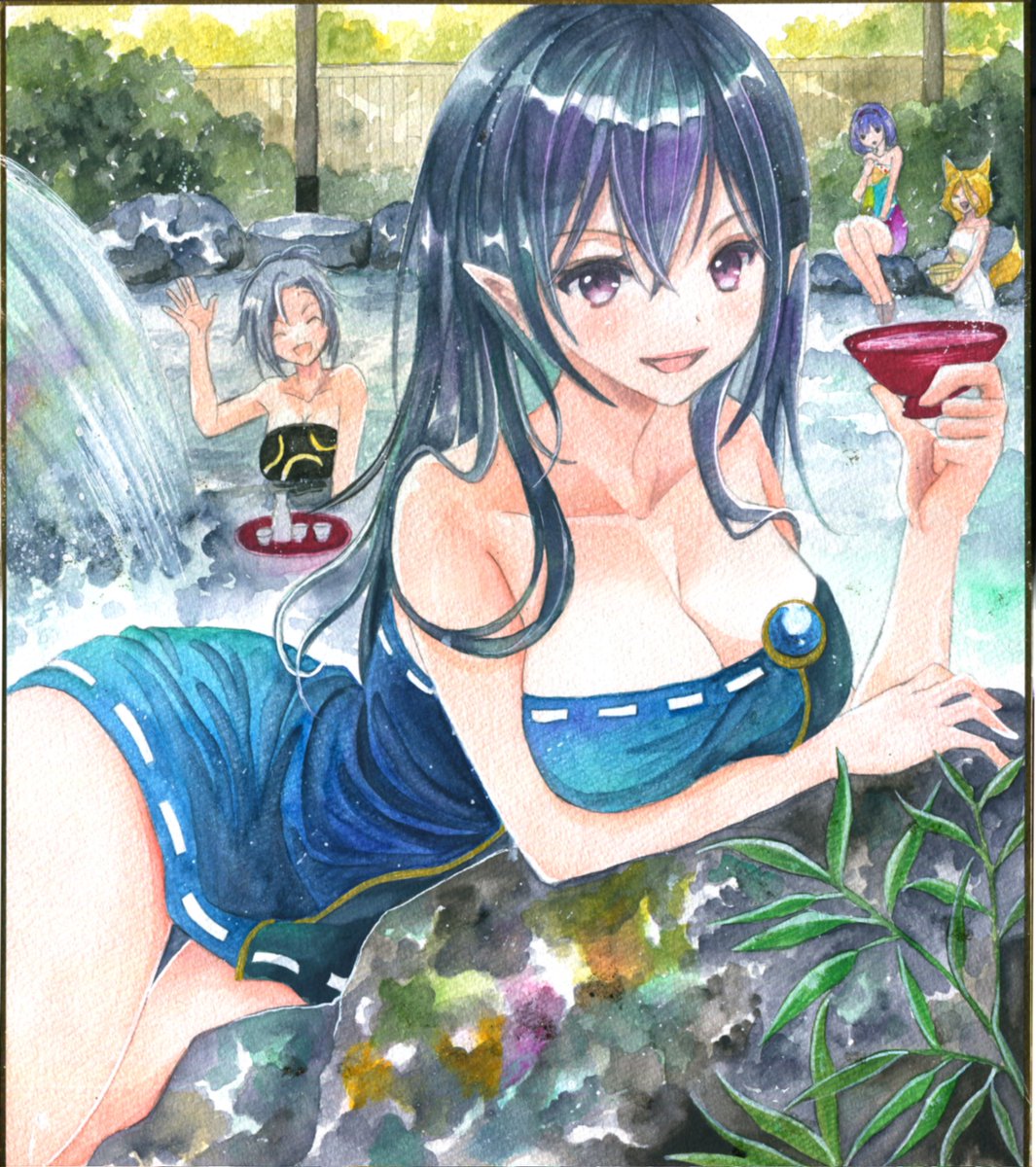 姫虫百々世 ,飯綱丸龍 ,菅牧典 「今週のアナログ絵の成果3 飯綱丸さんと虹龍洞のメンバーの温泉オフ会「今年も一年お」|はじけ☆鈴奈幻想/鈴01▶️例大祭き13aのイラスト