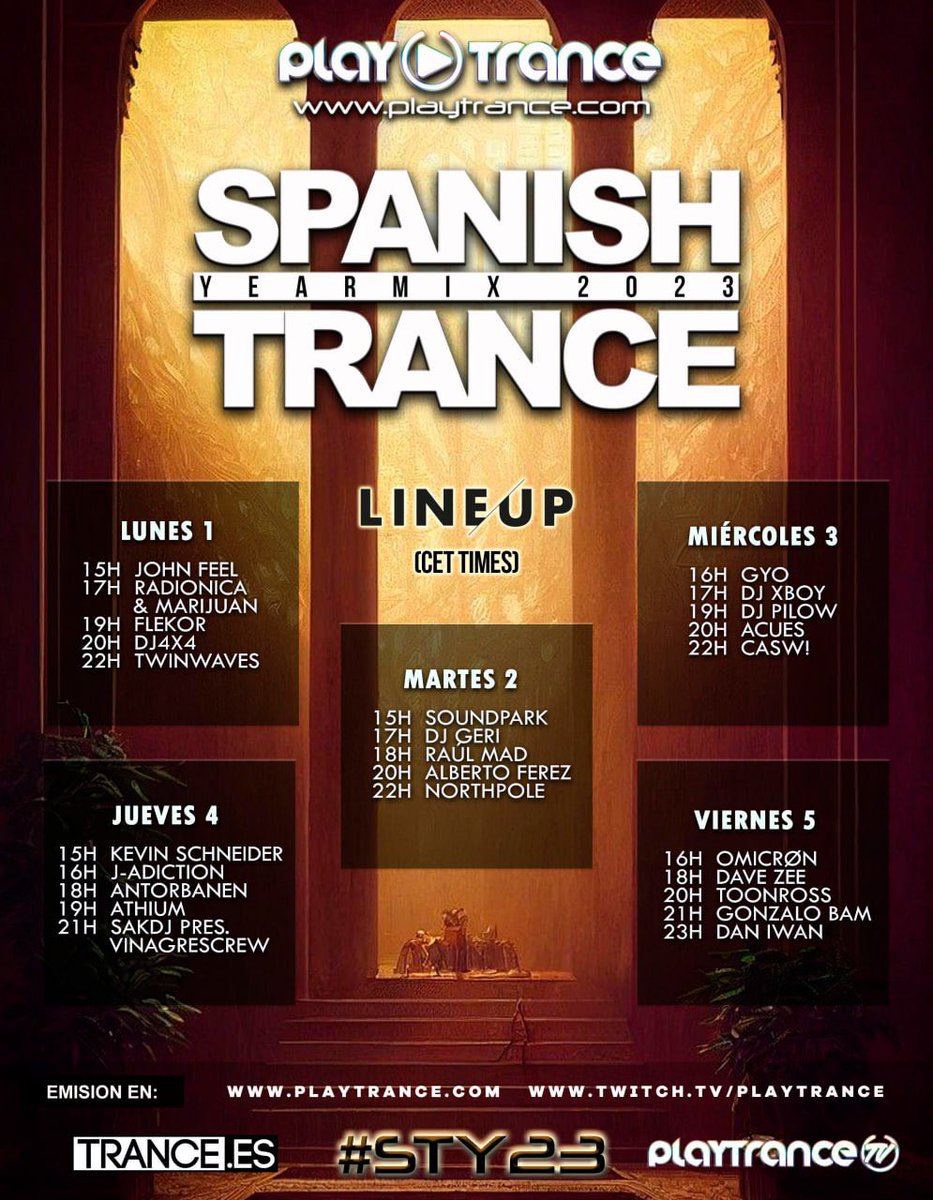 🇪🇸 Spanish Trance Yearmix 2023 cartel completo. Disfruta del 1-5 de Enero en @playtranceradio 
🇬🇧 Spanish Trance Yearmix 2023 full line up. Enjoy the broadcast from 1-5 January via @playtranceradio