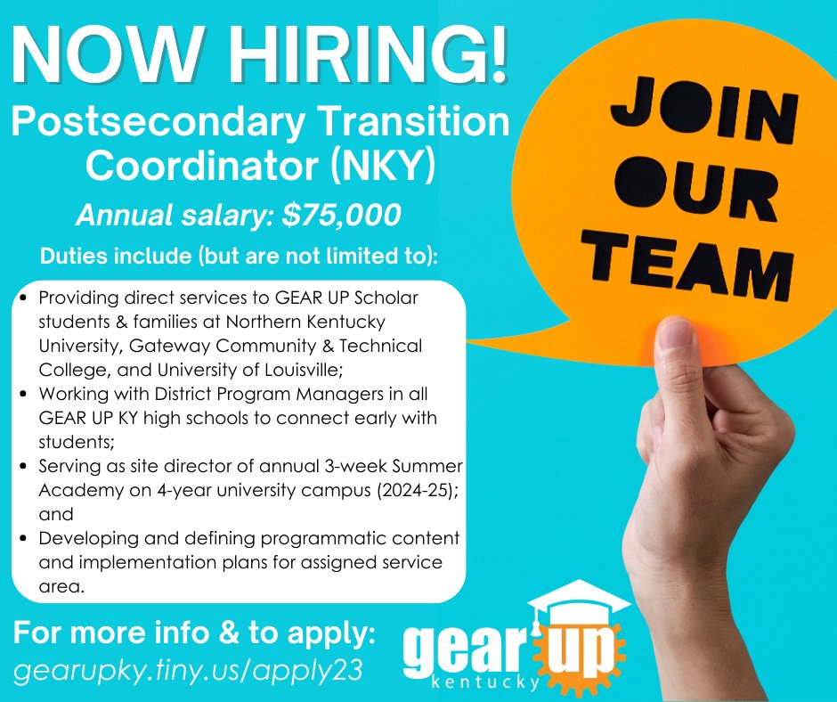 Do you know someone who would be a GREAT Postsecondary Transition Coordinator (serving 1st yr GEAR UP KY students at <a href="/nkuedu/">Northern Kentucky University</a>, <a href="/GCTC_News/">Gateway Community & Technical College</a> &amp; <a href="/uofl/">University of Louisville</a>)? Please share this unique &amp; well-compensated opportunity! cpe.ky.gov/news/jobs/guk-… <a href="/CPENews/">Kentucky Council on Postsecondary Education</a> <a href="/cpepres/">Dr. Aaron Thompson</a> #GEARUPworks