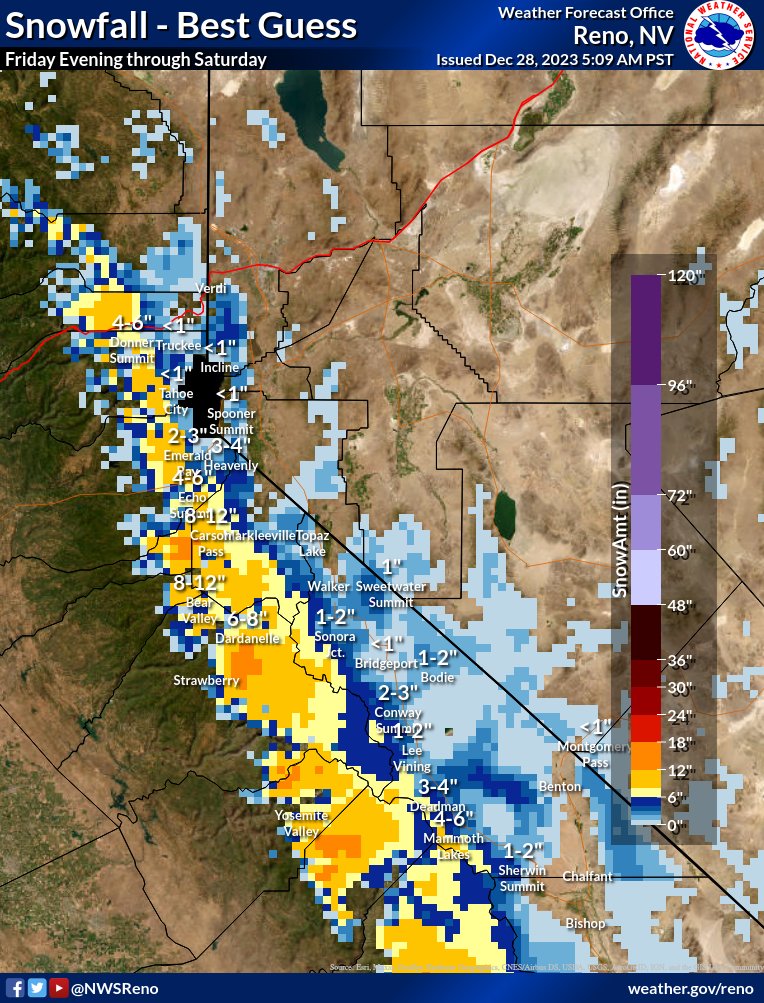 NWSReno's tweet photo. Here's our latest "best guess" for snowfall with the Friday evening &amp; Saturday storm. There's been a split/southward trend in latest simulations. Could mean Mammoth overperforms, while Tahoe area underperforms these numbers. Driving impacts either way... https://t.co/UFXbmfSoLL