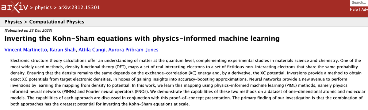 Attila Cangi (@attilacangi) on Twitter photo In our preprint we explore how #NeuralNetworks are used for inverting the Kohn-Sham equations of #DensityFunctionalTheory.
#materialsscience #compchem #machinelearning
<a href="/HZDR_Dresden/">HZDR @HZDR@helmholtz.social</a> <a href="/CASUSscience/">Center for Advanced Systems Understanding at HZDR</a> <a href="/ucmerced/">UC Merced</a>
<a href="/helmholtz_ai/">Helmholtz AI</a> <a href="/ReKarantNetwork/">Karan Shah</a> <a href="/arxiv/">arXiv.org</a>
arxiv.org/abs/2312.15301 In our preprint we explore how #NeuralNetworks are used for inverting the Kohn-Sham equations of #DensityFunctionalTheory.
#materialsscience #compchem #machinelearning
<a href="/HZDR_Dresden/">HZDR @HZDR@helmholtz.social</a> <a href="/CASUSscience/">Center for Advanced Systems Understanding at HZDR</a> <a href="/ucmerced/">UC Merced</a>
<a href="/helmholtz_ai/">Helmholtz AI</a> <a href="/ReKarantNetwork/">Karan Shah</a> <a href="/arxiv/">arXiv.org</a>
arxiv.org/abs/2312.15301