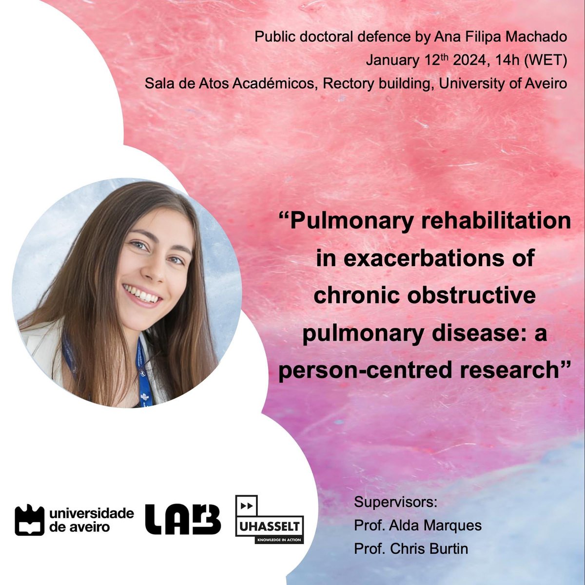 The Doctoral Program in Rehabilitation Sciences defense of <a href="/filipa__machado/">Filipa Machado</a>, entitled "Pulmonary rehabilitation in exacerbations of COPD: a person-centred research” take place on January 12, 2024, at 14:00 in the Academic Hall of the Central Building and the Rectory, <a href="/UnivAveiro/">Universidade Aveiro</a>