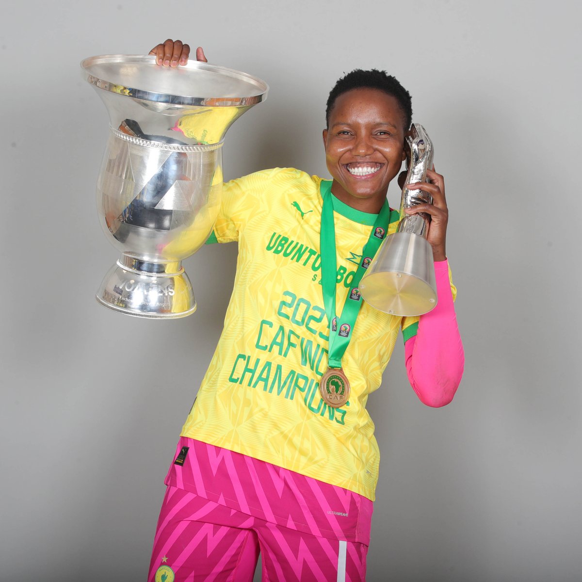 The best goalkeeper in two #CAFWCL editions is trying to call you! 📞😁 #TBT | #EmpoweringOurGame | @sticks_andile