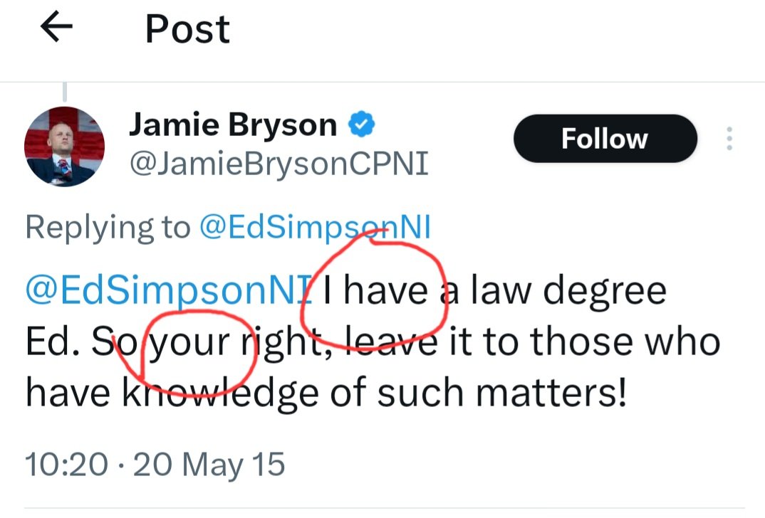annie_mcginley's tweet image. Jamie you identify as having a law degree 

Despite not knowing the difference between &quot;your and you&apos;re &quot;

Why should you be indulged and not actual students studying for actual degrees 

What&apos;s sauce for the goose must surely be sauce for the gander !