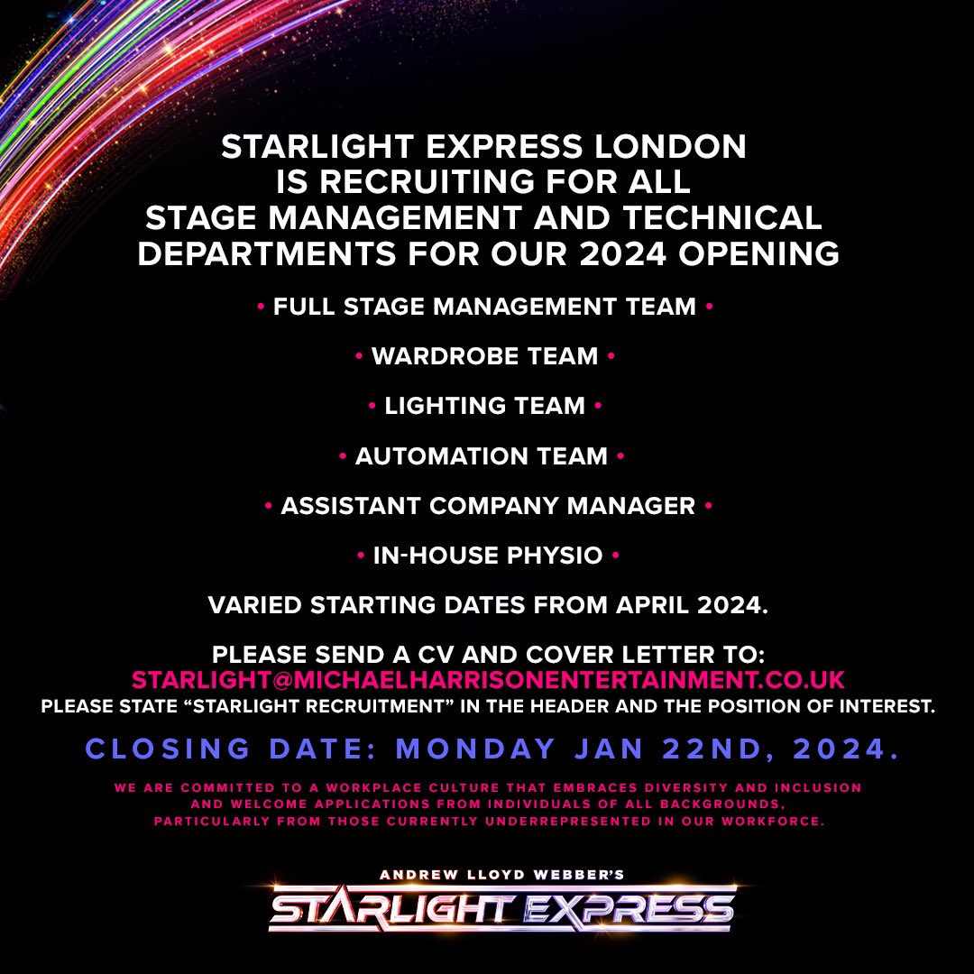 ALL ABOARD 🚂✨ Fancy joining #teamstarlight as we turn @troubadourWPark into the Starlight Auditorium from June 2024? Please email your CV and Cover Letter to: 📧 starlight@michaelharrisonentertainment.co.uk 🚫 closing date Monday 22 Jan 2024 #starlightexpress #stagejobs