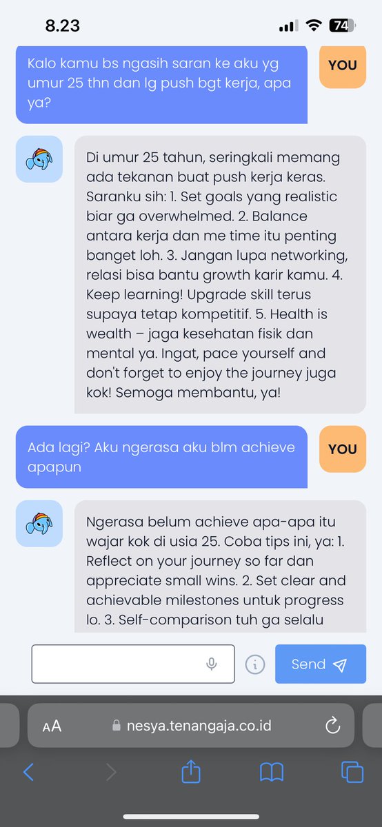 tenang_ai's tweet photo. Psikolog mahal 🙅
Co-psikolog cuma 9500 untuk 24 jam ✅

#psikologmahal #psikologai #curhatkeai #aipsikolog #aimentalhealth https://t.co/iwlfs5tzoJ
