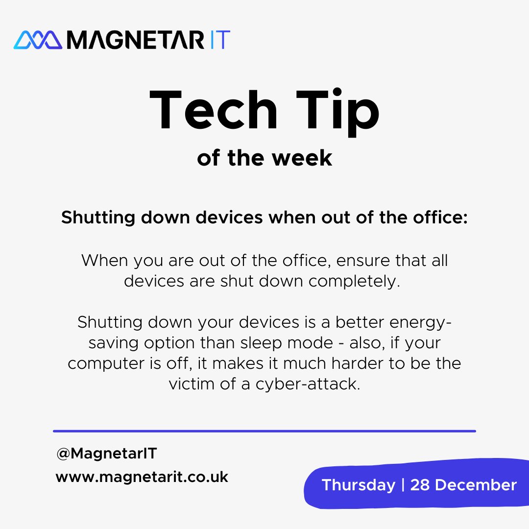 🌟 MAGNETAR'S TECH TIP OF THE WEEK 🌟

This week's tip is about Out of Office ⚡️

We source and send out tips and advice in a Weekly Tech Tip email; click to subscribe: eepurl.com/gP7F-1

#magnetarit #techtip #techtips #outofoffice #devicesafety #itsupport #itconsultancy