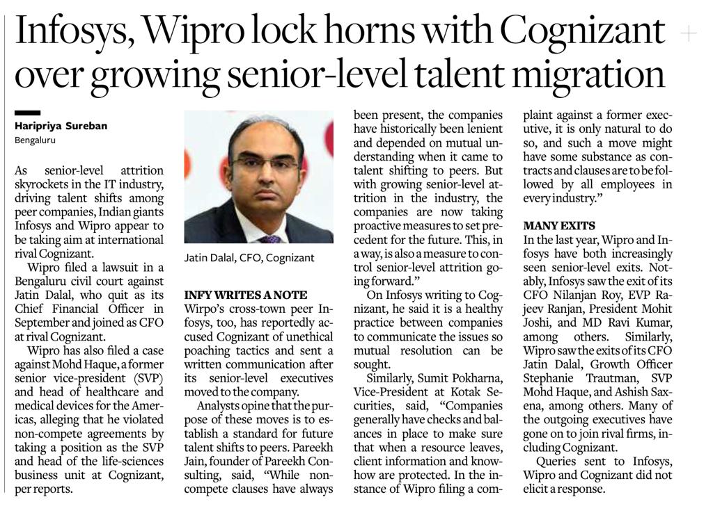 CSSANDEEPJ's tweet photo. The attrition of talent is a universal concern across industries, sparking numerous discussions on mitigating its impact. This issue, complex and multifaceted, warrants a deep dive into its root causes.

A case in point is the recent departure of senior-level talent from Infosys and Wipro, who have subsequently joined rival organizations. This scenario raises several key questions:

1. Are These Unethical Poaching Practices?

In the highly competitive business environment, the ethics of poaching talent can be subjective. Nonetheless, it's advisable for headhunters and recruiters to adopt industry-specific, sensitive practices. For example, many companies have established non-poaching agreements, ensuring they do not hire employees from each other under certain contractual conditions.

2. Legal Enforceability of Non-Compete Clauses

According to Section 27 of the Indian Contract Act of 1872 and Article 19(g) of the Constitution, any agreement that restrains a lawful profession or trade is void. Every citizen has the right to choose their profession or business. While non-compete clauses often face initial skepticism, courts have, in various instances, upheld them to protect employers' confidential information and trade secrets.

Case Laws:

- Gujarat Bottling Co. Ltd. v. Coca Cola Co. (1995)
- Mr. Diljeet Titus, Advocate v. Mr. Alfred A. Adebare and Ors.

3. The Shift in Companies' Stance on Non-Compete Clauses

When companies shift from leniency to stringency in enforcing non-compete clauses, the burden of proof lies with them. They must demonstrate how the employment of their former employees by competitors could be detrimental to their interests.

#talentattrition #legalinsights #noncompeteclauses
#workplaceethics #businessStrategy #careerMobility