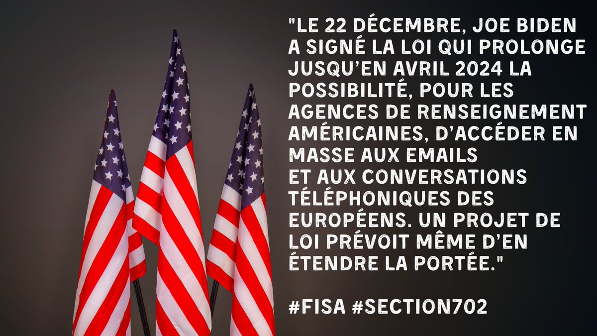 SouveraineTech's tweet photo. 💥"Le 22 décembre, Joe Biden a signé la loi qui prolonge jusqu’en avril 2024 la possibilité, pour les agences de renseignement américaines, d’accéder en masse aux emails et aux conversations téléphoniques des Européens. Un projet de loi prévoit même d’en étendre la portée."

La réaction du député @platombe (pour mémoire, il y a environ 925 parlementaires en France) : "On est mal."

On imagine cependant que les agences de renseignement de notre allié vont bien évidemment couper tous leurs micros le mardi 30 avril à 23h59. 🤡

https://t.co/J1tAgJH9VM