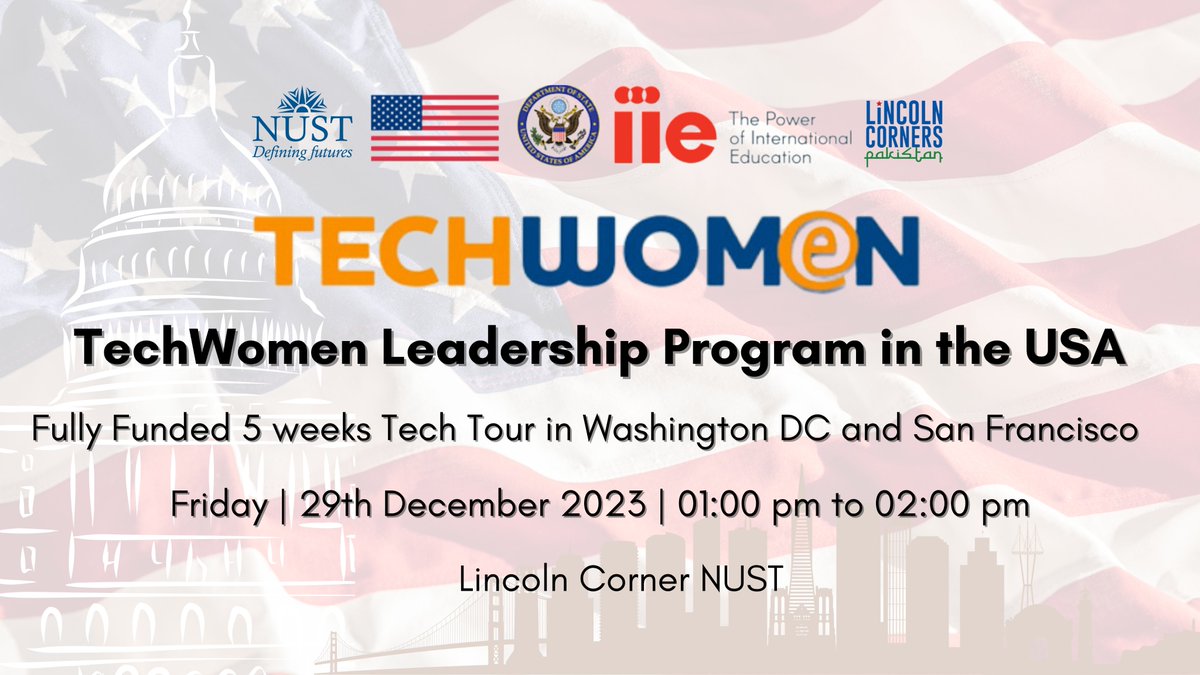 Join me tomorrow at the #LincolnCorner, #NUST #Central #Library to get the information regarding the #techwomen program

Date: Dec 29, 2023 (1 - 2 pm)
Link: apply.iie.org/TechWomen

#pakistan #exchangeprogram #usa #chicago #siliconvalley #sanfrancisco #islamabad #excahngeprogram