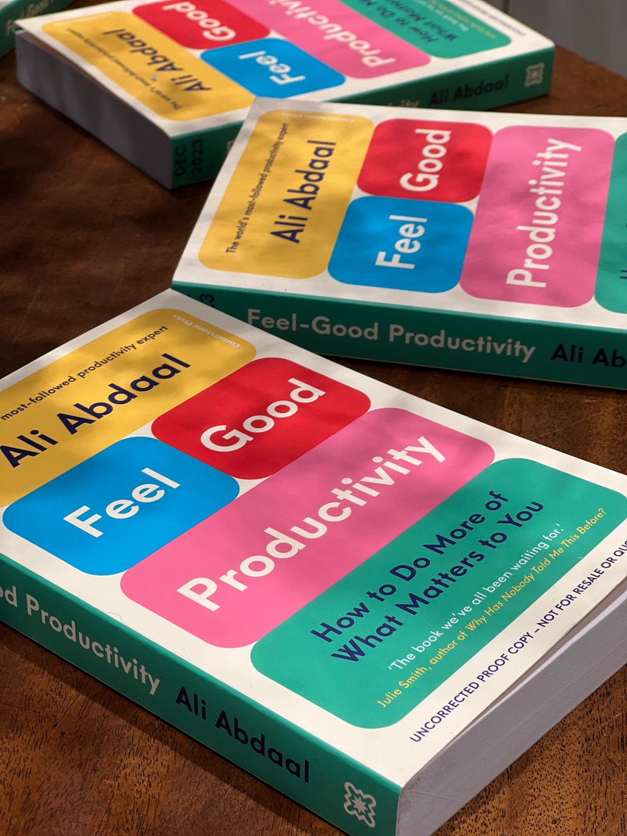 AliAbdaal's tweet photo. It’s official! My first book Feel-Good Productivity is now available to buy online and in stores around the world 🤯 

I'm humbled by all of your support 🙏

Reminder to please submit your receipt on the form on the website (link below) to get your free ticket for my Jan 6th 2024 Annual Planning Workshop.   

It’s a 3-hour live online workshop where I’ll take you through some great exercises to reflect on 2023, and create goals, plans and system to help make 2024 the best year of your life. 

Much love ♥️ https://t.co/876fMY5IOJ