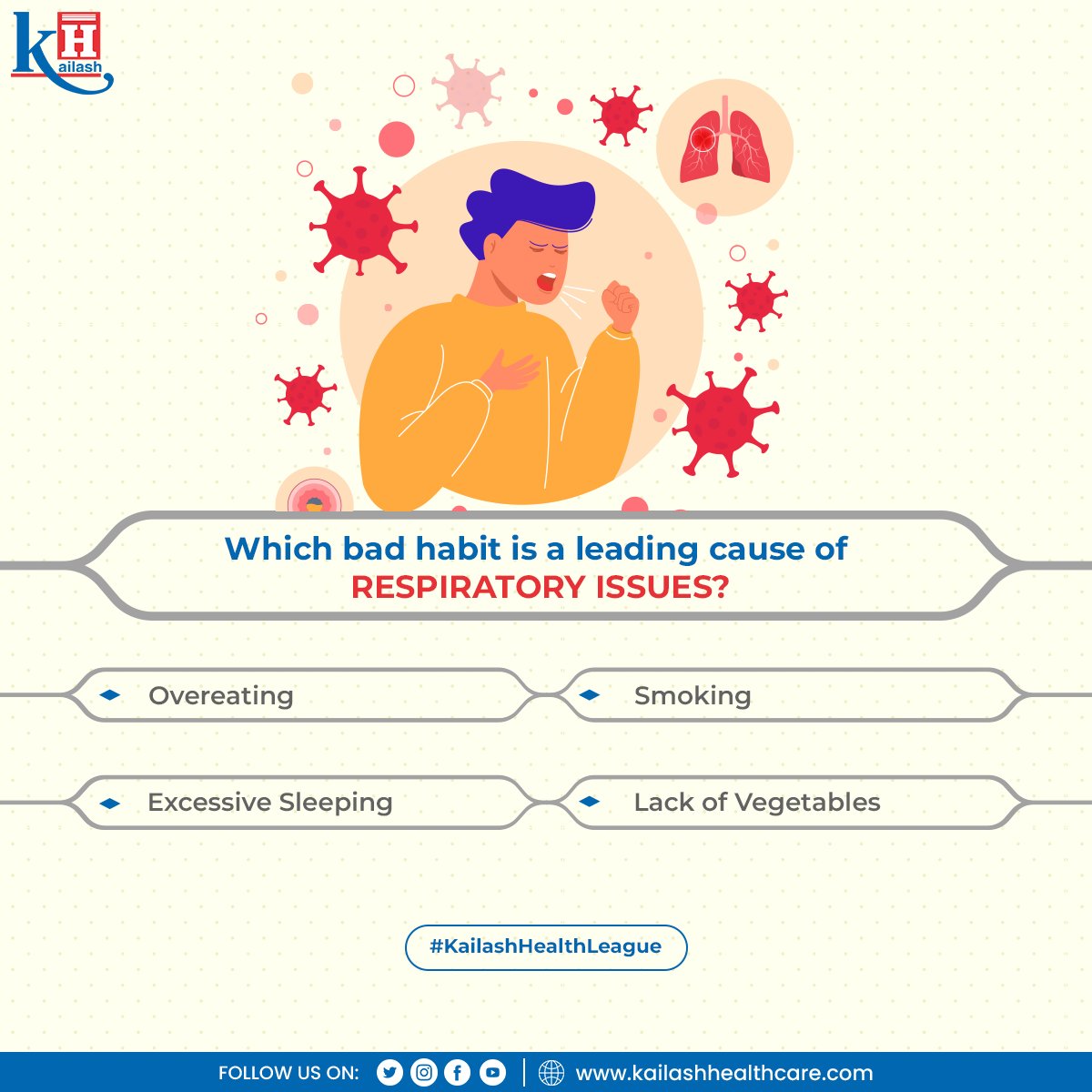 KailashHealth's tweet image. #Brainyfcats: Which of the following bad habits can cause respiratory issues?

Comment the right answer below

#poll #healthquest #KailashHospital