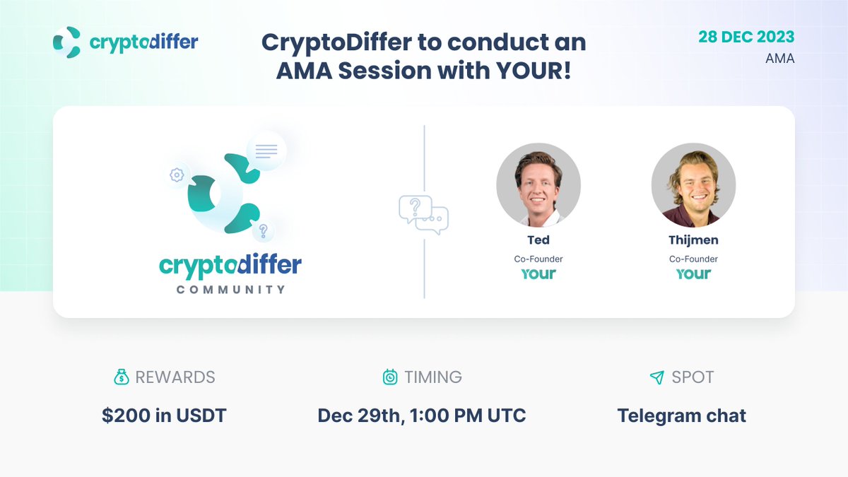 ❗️Dear community, @CryptoDiffer will hold an AMA with @yourtokens on the 29th of December at 1:00 PM UTC in the CryptoDiffer Telegram Chat! The reward pool for the best questions is $200 USDT! CHAT 🗣 t.me/joinchat/Brbs5…
