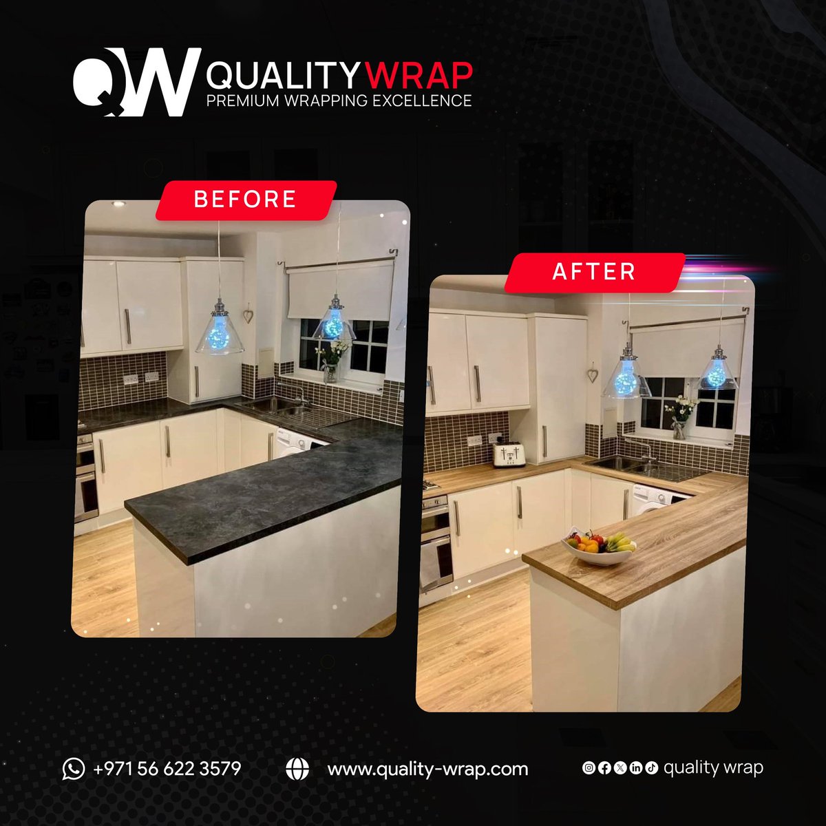 QualityWrap's tweet photo. Transform your kitchen into a sleek, modern space with our expert countertop wrapping services at Quality Wrap! 
Witness the magic of our before-and-after transformations. 
Enhance the aesthetics and protect surfaces with our premium quality wraps.
 Contact us at +971566223579. https://t.co/JIrLGBd44K