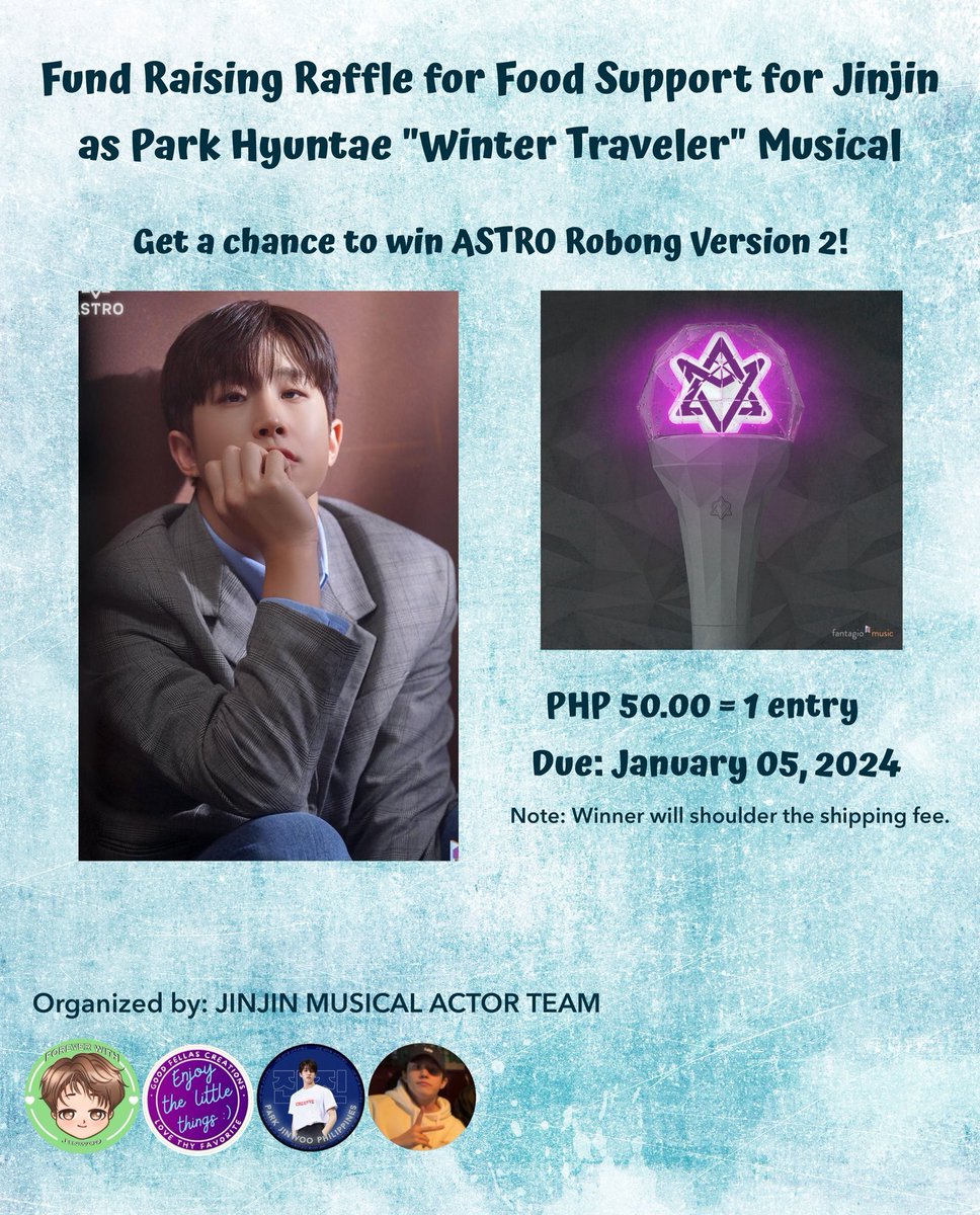 Please Help RT!

Hi PH Arohas!

Fundraising Raffle for Jinjin Winter Traveler Musical Food support!

For every PHP50.00 donation you will get a chance to win ASTRO Robong Ver. 2!

Full details on the link:
📌docs.google.com/forms/d/e/1FAI…

If you have any questions pls dm me~
Thank you!