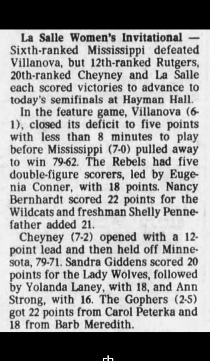 CheyneyWBB's tweet photo. On this date in 1983, #SandraGiddens (20 pts), #YolandaLaney (18 pts) & #AnnStrong (16 pts) led #CheyneyWBB to a victory over Minnesota in the @LaSalle_WBB Invitational #OneCheyney #CheyneyHistory https://t.co/pr4h1Zu83P