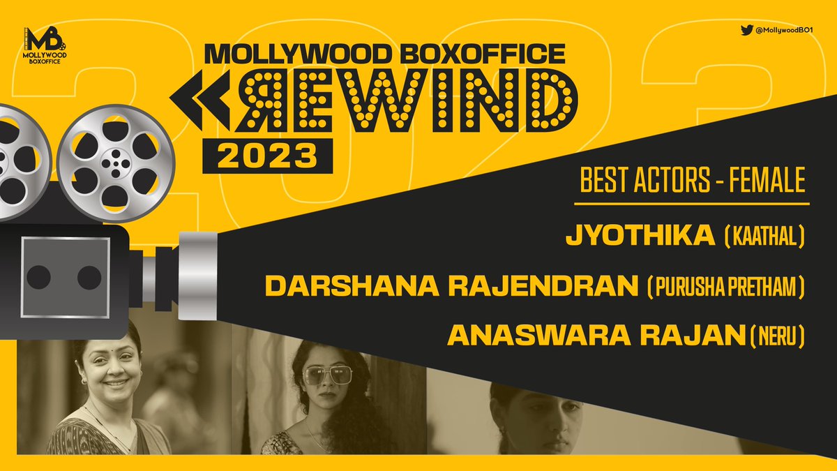 Best Female Actors - Mollywood 2023 !!

#Jyothika - Kaathal The Core 
#DarshanaRajendran - Purusha Pretham
#AnaswaraRajan - Neru 

#MBORewind