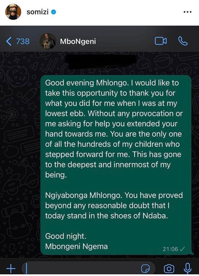 AdvoBarryRoux's tweet image. Somizi would do anything to get attention! Somizi Mhlongo sent himself a whatsapp text to thank himself for helping Mbongeni Ngema at his lowest (I assume when he was exposed to being a creep). He just forgot the text should be grey on the left &amp;amp; not have a tick.