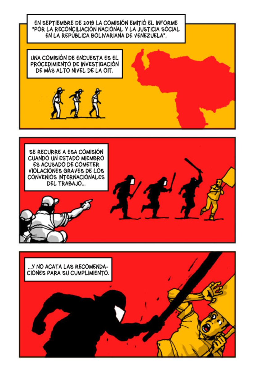 La Organización Internacional del Trabajo estableció una Comisión de Encuesta sobre Venezuela por incumplimientos laborales.

La Comisión concluyó que en el país se violan convenciones internacionales:

Salarios de hambre
Detenciones
Abusos judiciales provea.org/publicaciones/…