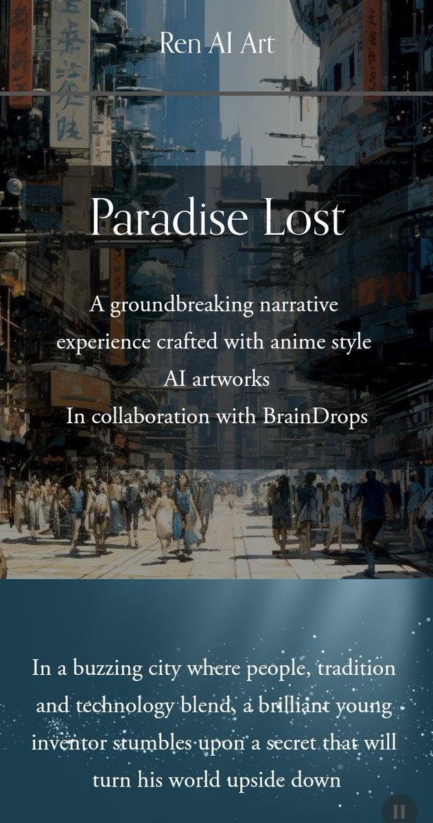 Soheil_SBabaei's tweet photo. Here’s what to look out forThisWeek:

Who:#BrainDrops&amp; RenAI

What:A narrative experience crafted with anime-style AI,unfolding over20chapters

When:#Dec29
#NFT
Where:BrainDrops
https://t.co/YXdvHzOKpA

https://t.co/O1rcA5UBEA
Why:#ParadiseLost is a collectionOfArtworks created&amp; https://t.co/GEuoPrY7S8