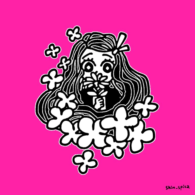 kamado nezuko 1girl solo flower pink background long hair simple background holding  illustration images