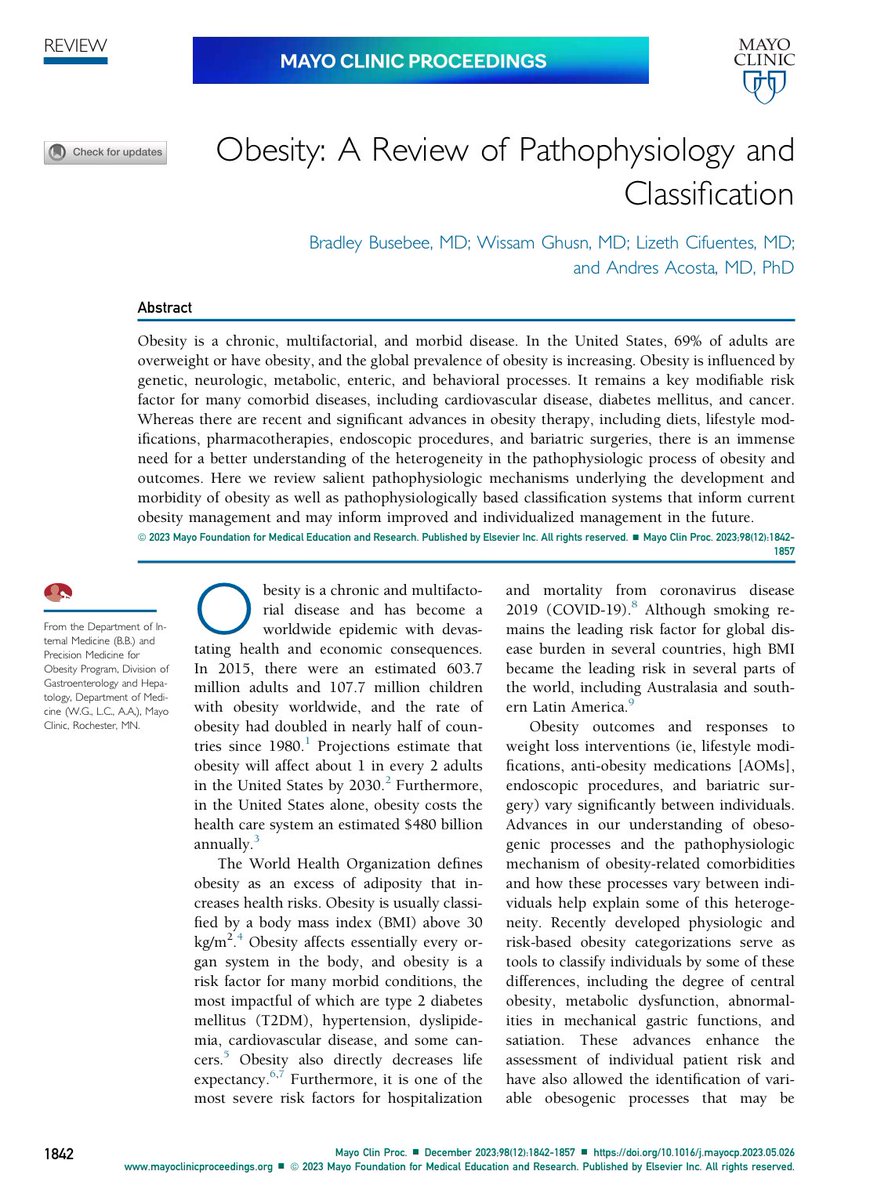 OrlandoRPN's tweet photo. Obesidad

- Revisión de la fisiopatología de la enfermedad
- Consideraciones de sus diferentes clasificaciones 
- Mecanismos de daño a diferentes órganos 
- Riesgo de Cáncer asociados 

Mayo Clin Proc. 2023;98(12):1842- 1857 https://t.co/S67kmymzSs