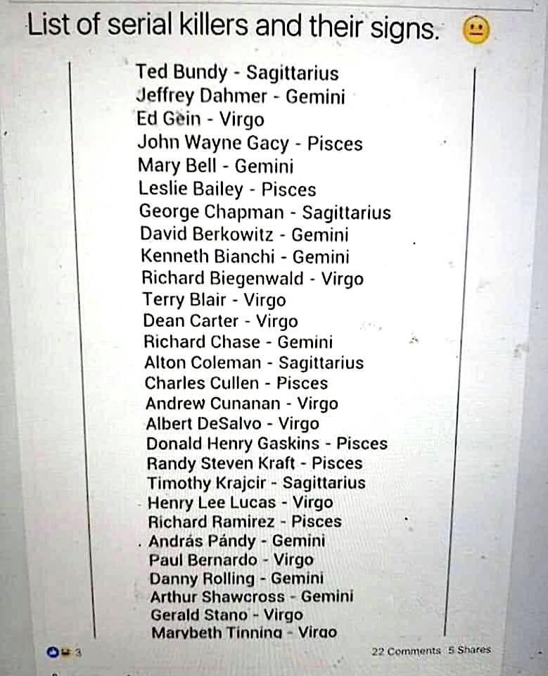 harr7137's tweet image. No hay ningún Escorpio ☺️

“Lista de SerialKillers y sus signos”