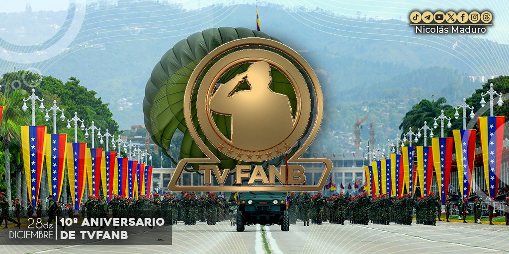 NicolasMaduro's tweet photo. Saludos a @TVFANB que hoy cumple 10 años al aire, transmitiendo el mensaje de Paz, disciplina, trabajo y patriotismo de nuestra gloriosa Fuerza Armada Nacional Bolivariana, a través de las pantallas de televisión. Sigan revolucionando la comunicación. ¡Feliz aniversario! https://t.co/y3UKgmai8G
