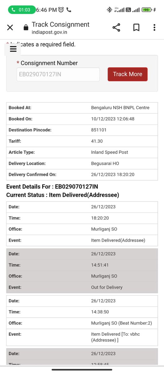 I want inform you that my atm show delivered to addressee on 26/12/2023 but till not delivered.If speed post condition is this what about the ordinary post which is not trackable.
Pin -852122
<a href="/pib_comm/">PIB_INDIA Ministry of Communications</a> <a href="/AshwiniVaishnaw/">Ashwini Vaishnaw</a> <a href="/indianpost/">indian post</a>