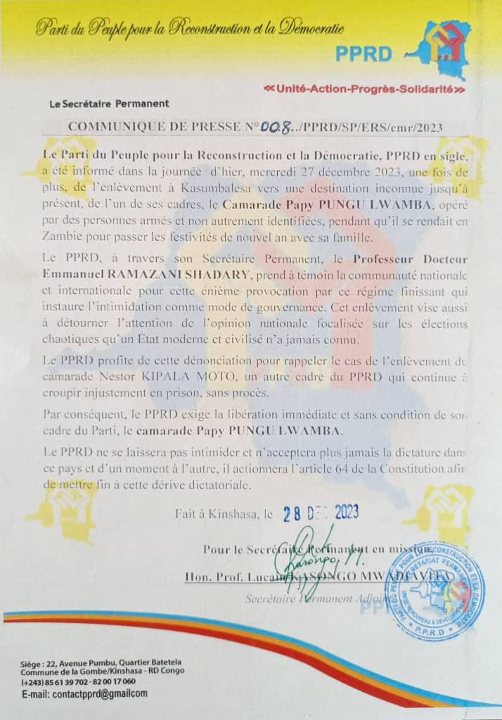 Jacobgene2's tweet photo. #RDC, arrestation du vice-ministre honoraire, SEM #PapyPungu, le PPRD hausse le ton, dénonce la dérive dictatoriale et exige sa libération immédiate. #Communiqué. @TopCongo @petertiani007 @wembi_steve @pascal_mulegwa @KimKimuntu @politicocd https://t.co/6dwlVsVbVW