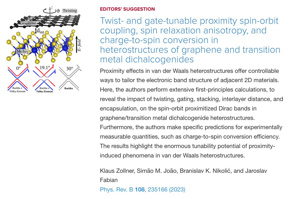 PhysRevB's tweet photo. PRB Editors' Suggestion: Twist- and gate-tunable proximity #SpinOrbitCoupling, #SpinRelaxationAnisotropy, and charge-to-spin conversion in #heterostructures of #graphene and TM #dichalcogenides

K. Zollner et al.,
PRB 108, 235166

➡️ https://t.co/4O6nvZdx39
#EdSugg @APSPhysics https://t.co/cNjEGtQG1Y