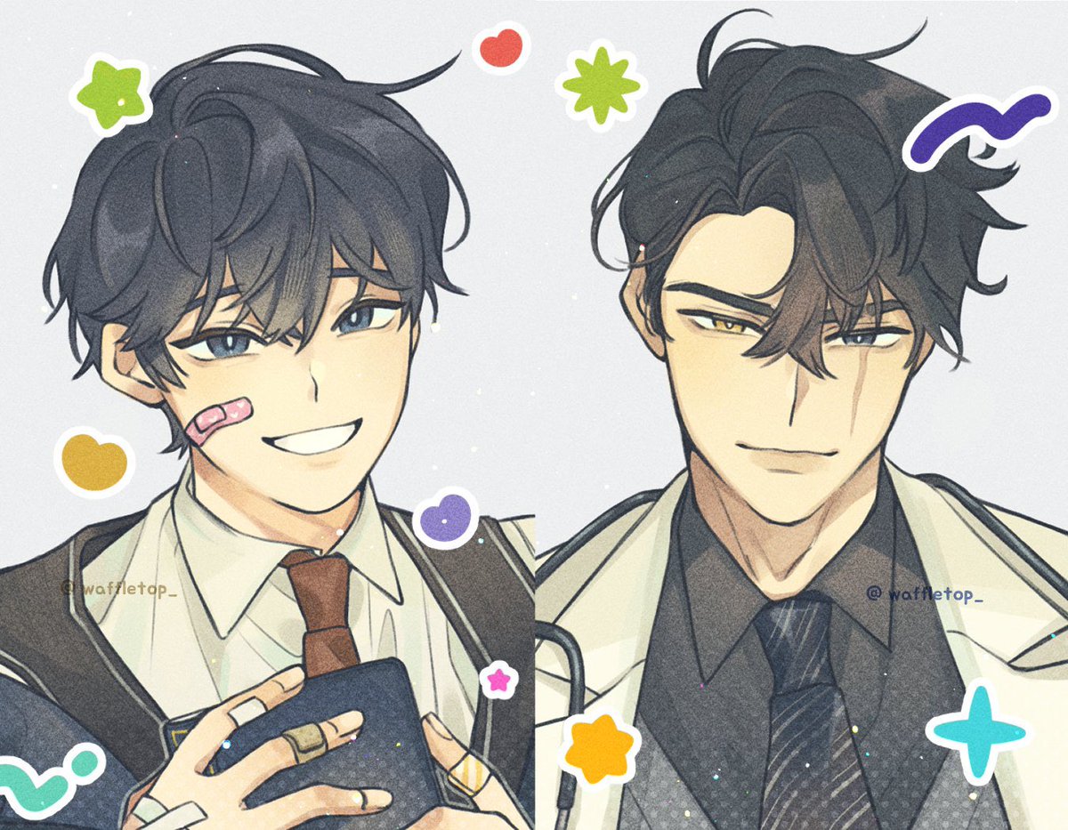 2boys multiple boys necktie bandaid male focus smile black hair  illustration images