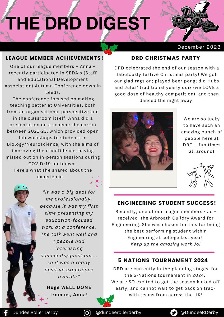 Happy holidays from DRD! ⚡

Take a peek at December's DRD Digest and see everything our league members have been getting up to! 🛼

#dundee #scottishsports #rollerderby