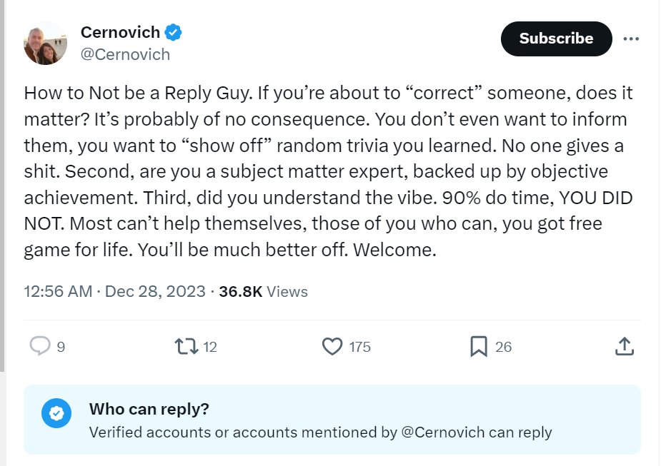 He says your comment is of no consequence, but don't cross this <a href="/Cernovich/">Cernovich</a> guy or he'll block you. Then if he doesn't do that, he doesn't want to hear from you. Sometimes he says some interesting stuff and some people like him, but gee wizz. High maintenance.