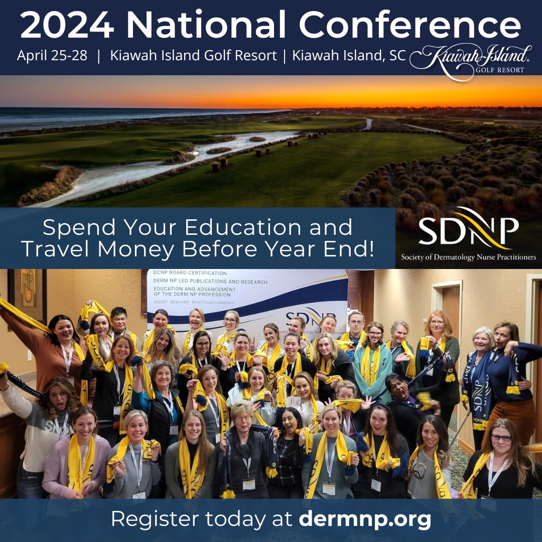 SocietyDermNP's tweet photo. Maximize your 2023 budget on Education &amp; Travel! 🌴 Join us at Kiawah Island, SC, for the 2024 SDNP National Conference and DCNP Certification Review Course. April 25-28. Register at https://t.co/EAIuuT1DHi #2024Symposium #DermNP #CertificationMatters https://t.co/K6teeuh1Xh